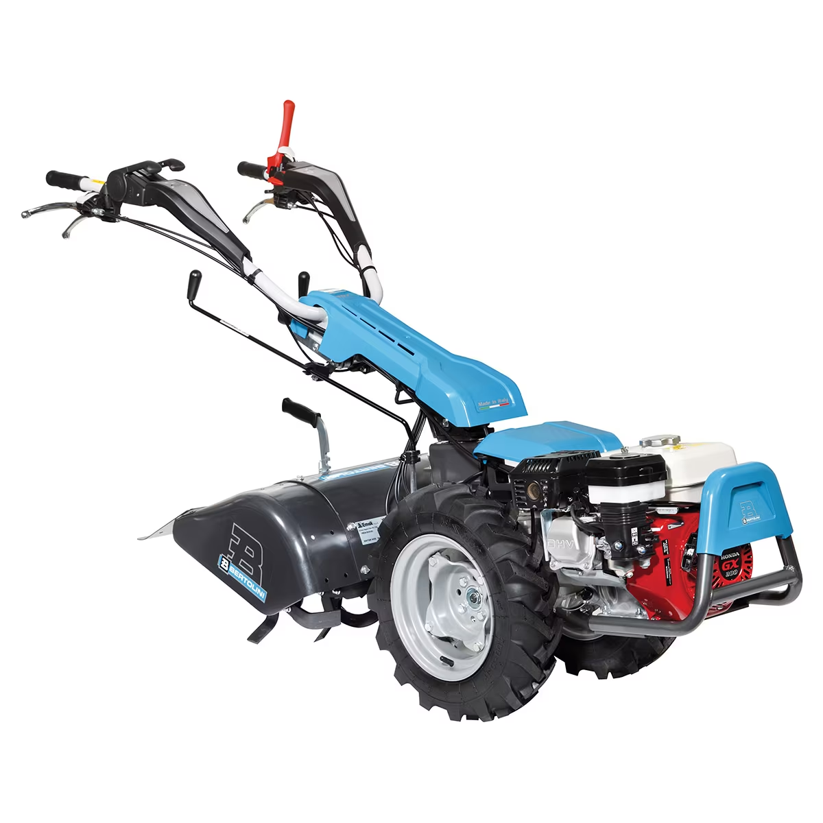 Bertolini 407 two-wheel walk-behind tractor with tiller box attachment for professional farms, market farms, homesteaders, vineyards and orchards.